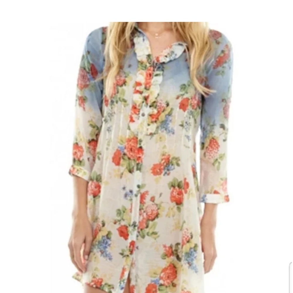 Aratta Blue and Red Floral Long Sleeve Tunic L